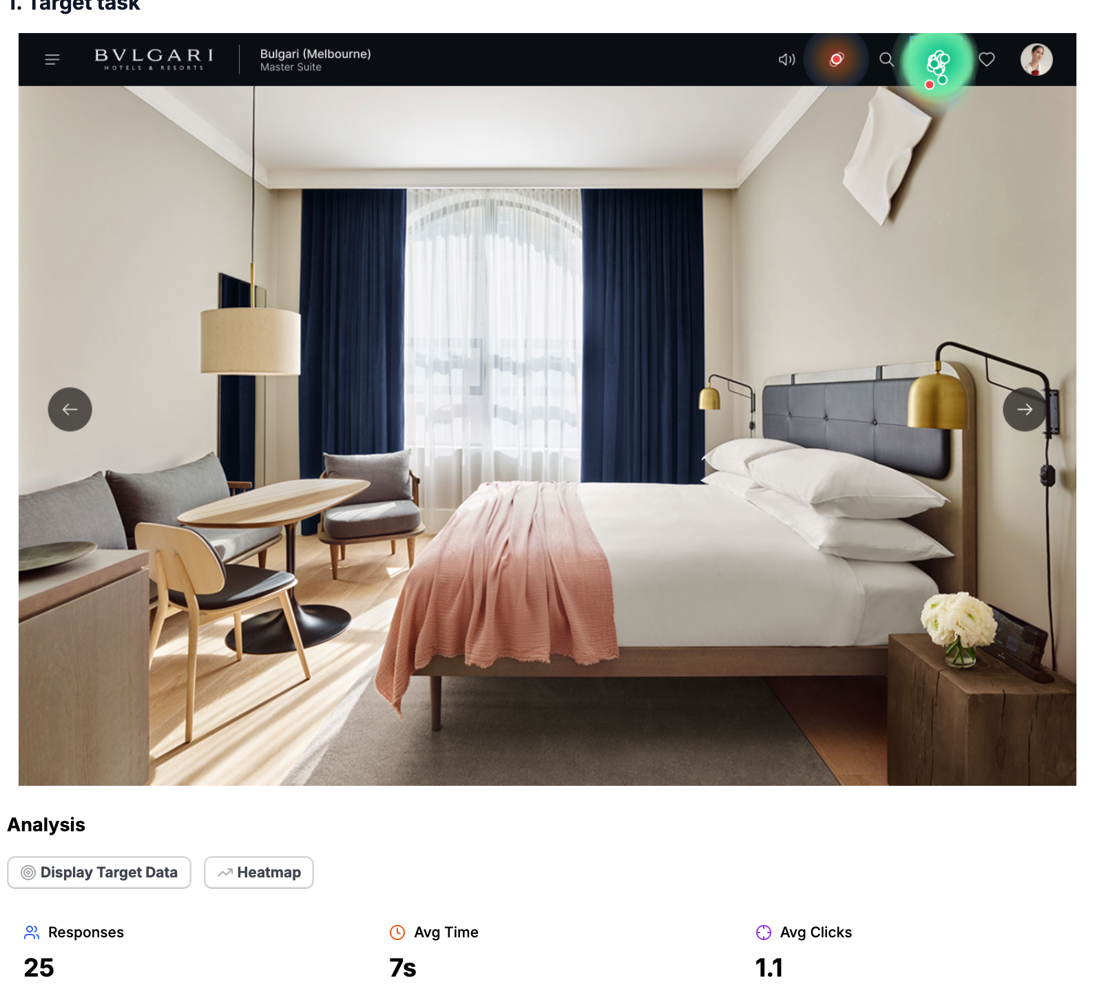 Target task report with heatmap and metrics
